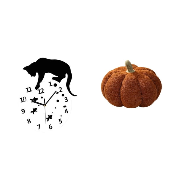 Reloj de pared con diseño de gato y cojín de calabaza, accesorio decorativo de cristal y felpa, movimiento silencioso, apto para el hogar, la oficina