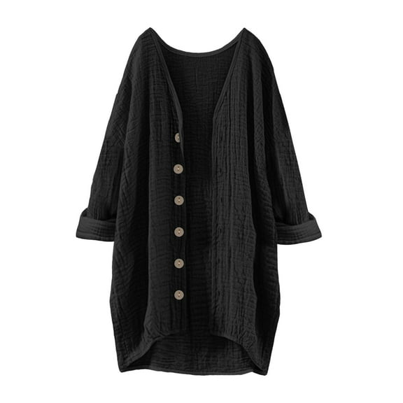 VISALY Long Cardigans Open Front Cardigan for Women Women's Fashionable and Casual Solid Color V Neck Long Sleeved Button Cardigan Thin Cardigans Lightweight Crewneck Cardigan Black L