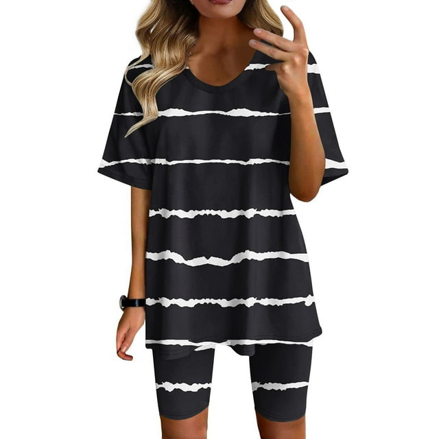 Ensembles d'Entraînement pour Femmes Mode Blouse à Col Rond Manches Courtes Hauts Shorts Ensemble Décontracté Été 2 Pcs pour Femmes en Liquidation