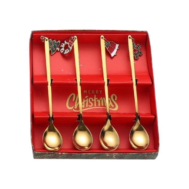 4x de comedor de Navidad Cucharillas de té de mango largo Cubiertos de cocina con colgantes de Navidad Vajilla de acero inoxidable para fiesta Dorado Macarena cuchara de cena