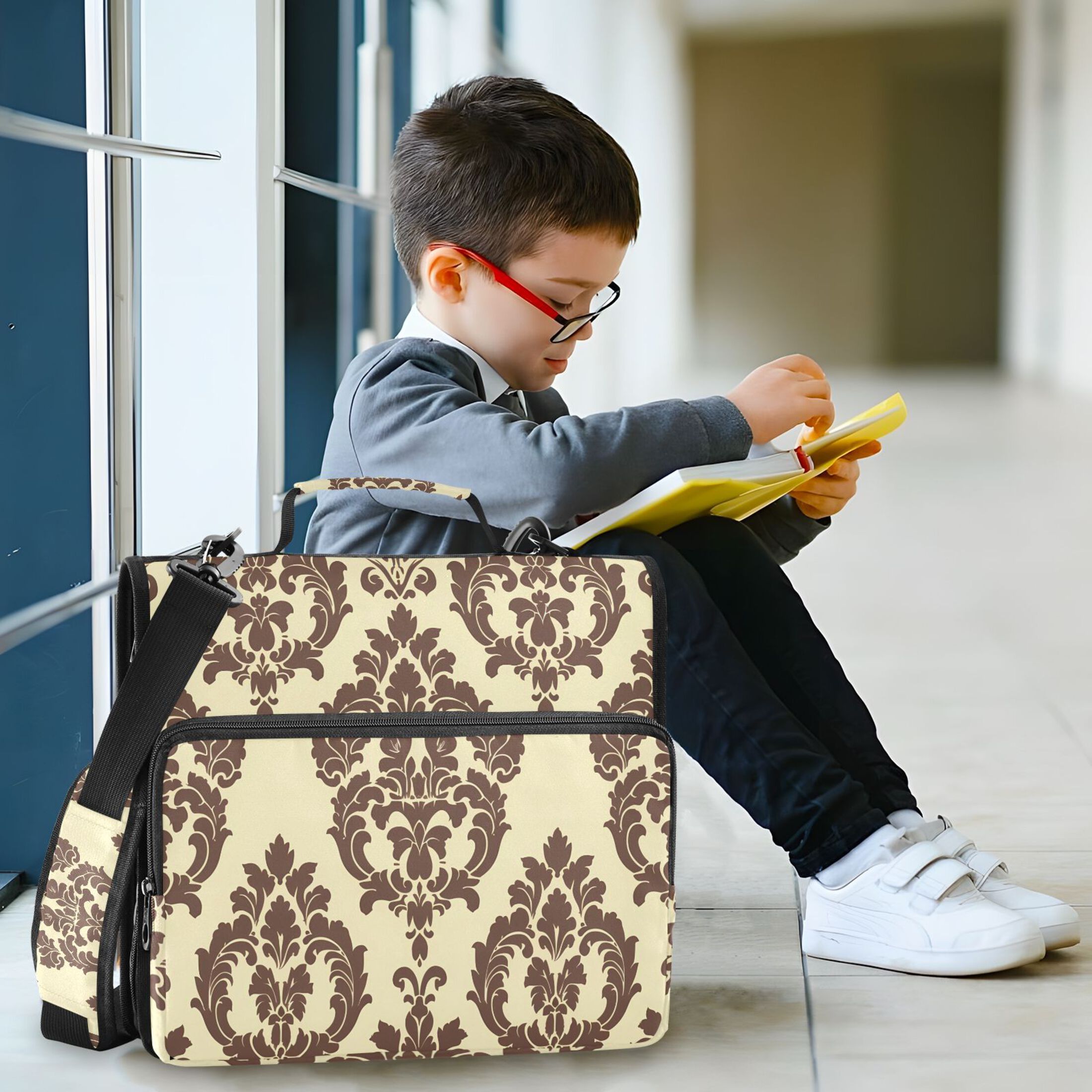 3 Ring Zipper Binder with Shoulder Strap Waterproof Trapper Keeper 2 Inch D-Ring 500 Sheets Capacity Elegant Damask Pattern