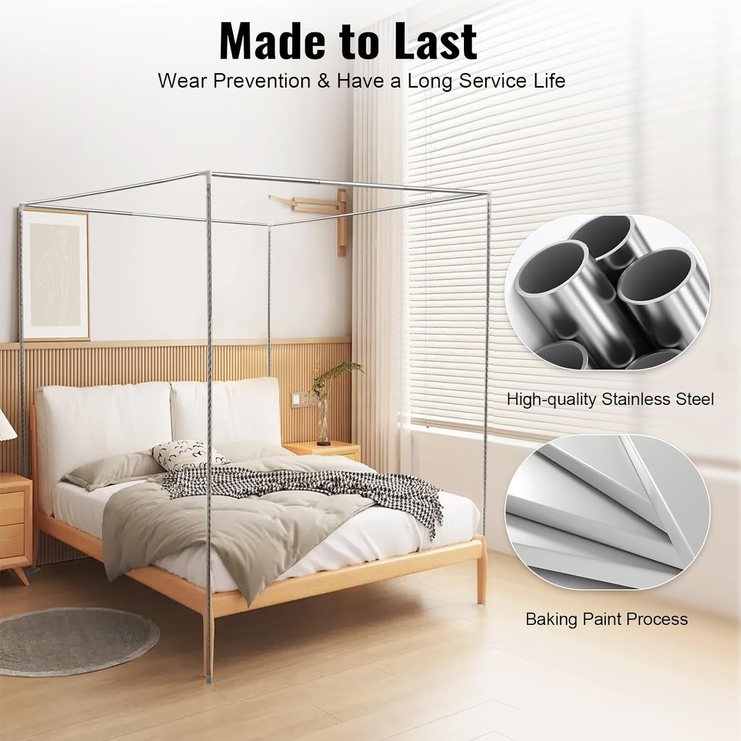 Metal Four Poster Canopy Bed Frame, Bed Post Poles 4 Corner Canopy, Stainless Steel Queen Size Canopy Bed Frame for Wood Bed Mosquito Curtains (4.92 * 6.56 * 6.56ft)