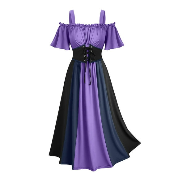 Homenesgenics Spring Dresses for Women 2026 Plus Size Trendy Women Plus Size Cold Shoulder Sleeve Lace Up Costume Dress Purple L