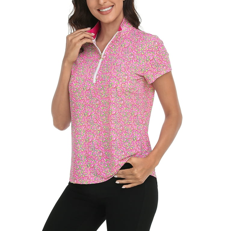 LRD Women s Short Sleeve Golf Polo Shirts UPF 30 Dot Floral Pink L