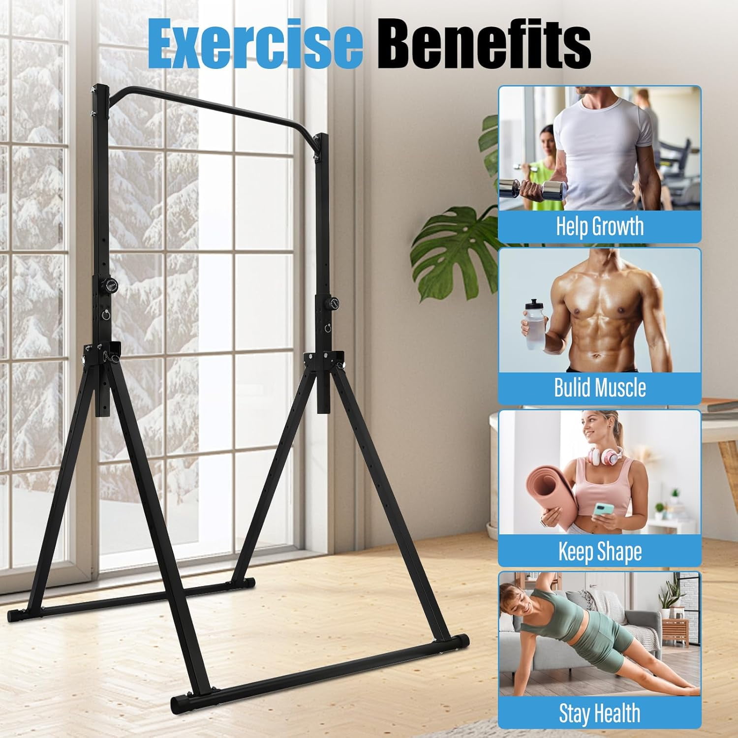Foldable Pull Up Bar, Power Tower Workout Dip Station Height Adjustable Pull Up Bar for Home, Gym Training Equipment