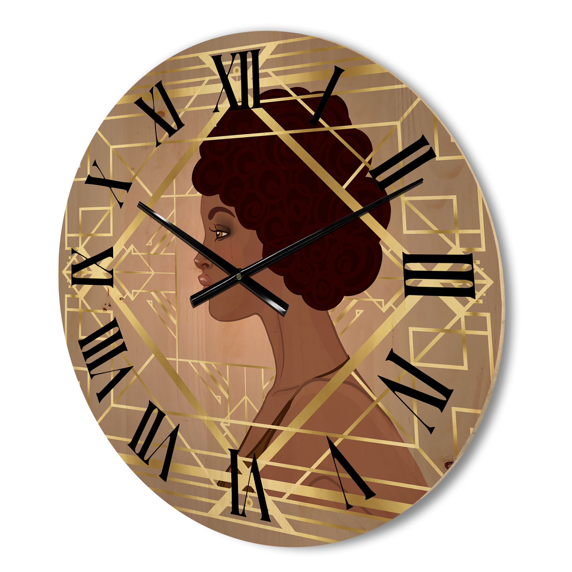 Designart 'Retro Girl In Golden Art Deco Geometrics II' Modern Wood Wall Clock
