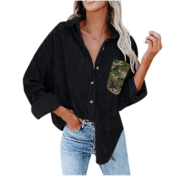 Abrigo de pana con botones estampados de bolsillo suelto informal de manga larga para mujer Pompotops qwe17012
