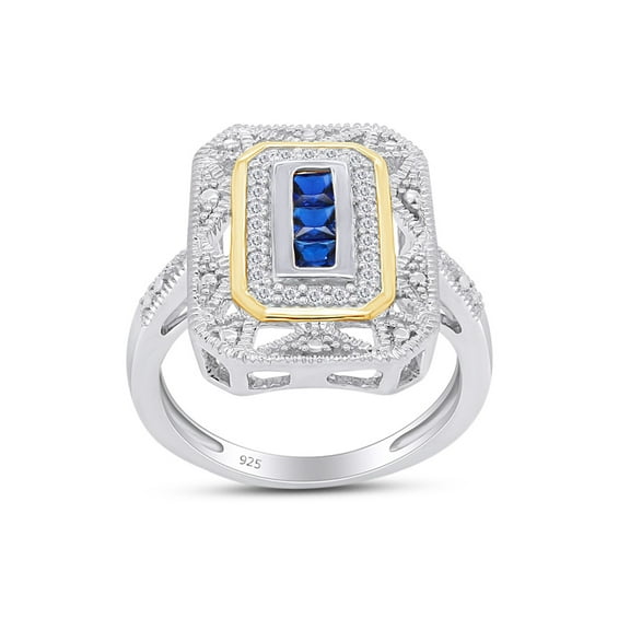 Princess & Round Cut Simulated Blue Sapphire & 0.10 Ct Lab Created Moissanite Diamond Art Deco Two-Tone Engagement Wedding Ring For Womens in 14k White Gold Over Sterling Silver-4