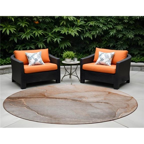 HomeRoots 559834 8 ft. Round Taupe Round Abstract Washable Non Skid Indoor Outdoor Machine Woven Area Rug