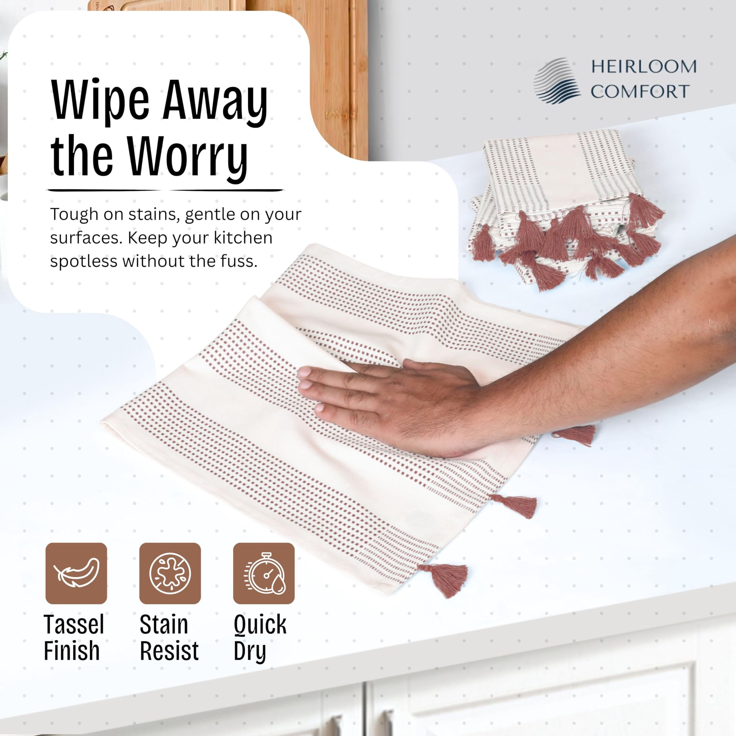 HEIRLOOM COMFORT Brown Decorative Dotted Kitchen Towels 16x26 Inch, 3 Pack, Soft, Absorbent 100% Cotton Dish Towels with Tassels, Quick-Dry for Cleaning, Drying Dishes, and Everyday Use