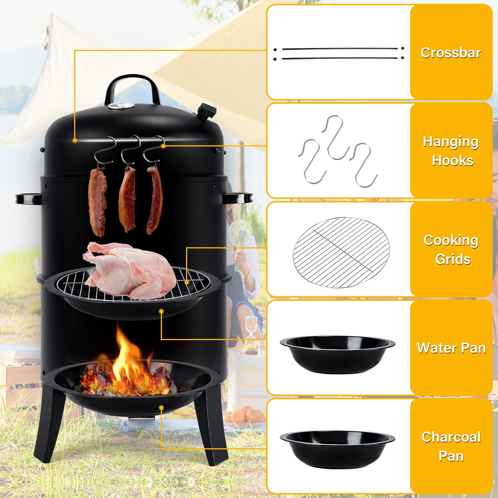 TCFUNDY Portable Charcoal Smoker Grills, 3-in-1 Outdoor BBQ Grill Smoker Cooking, Two-Layer Barbecue Grill Steel Meat Smoker