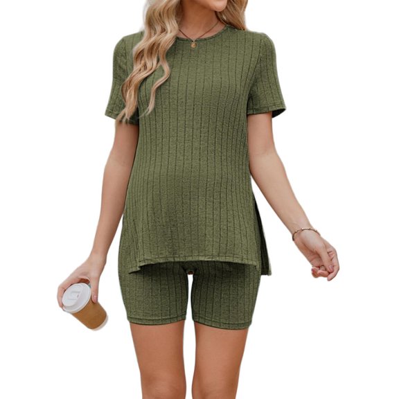 Weardear Maternity Outfits Set 2 Piece Matching Sets Ribbed Knit Side Split Short Sleeve Shirts and Biker Shorts Pregnancy Loungewear