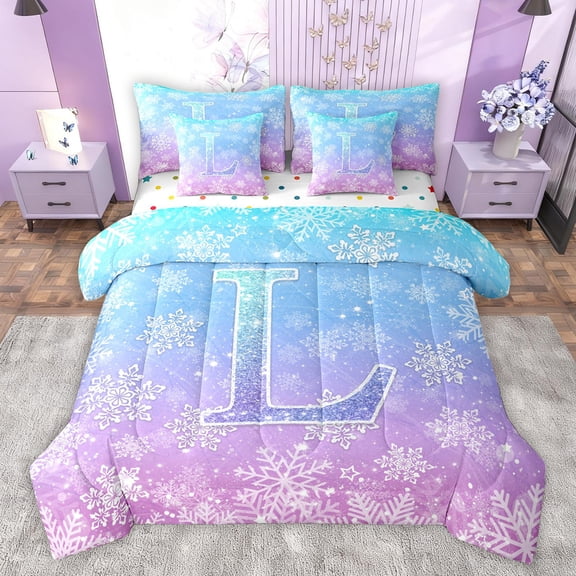 Homewish Initial L Letter Twin Bedding Sets 7-Piece for Teens, Blue Purple Snowflake Bedding Comforter Set, Dreamy Western Christmas Sheet Sets, Breathable Home Decor