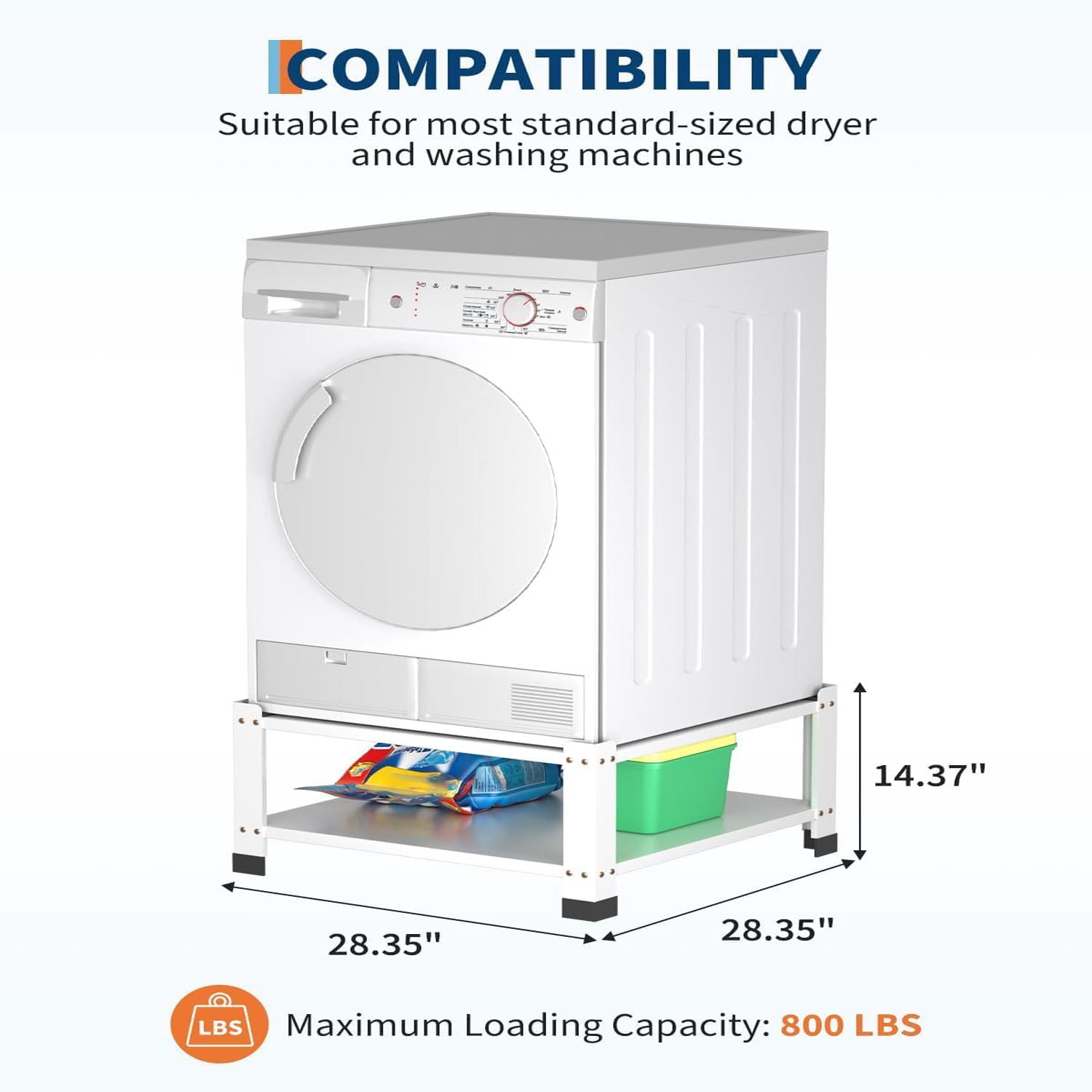 Gaderth Washer Dryer Pedestal With Storage Shelf, Washer and Dryer Pedestals 28.3 x 28.3 x 14 in, Washing Machine Pedestals Stand 800 lb Capacity Carbon Steel Laundry Pedestals, White