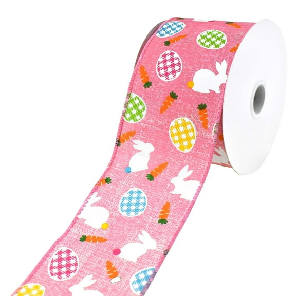 Bunnies and Gingham Easter Eggs Wired Ribbon, 2-1/2-Inch, 10-Yard - Pink