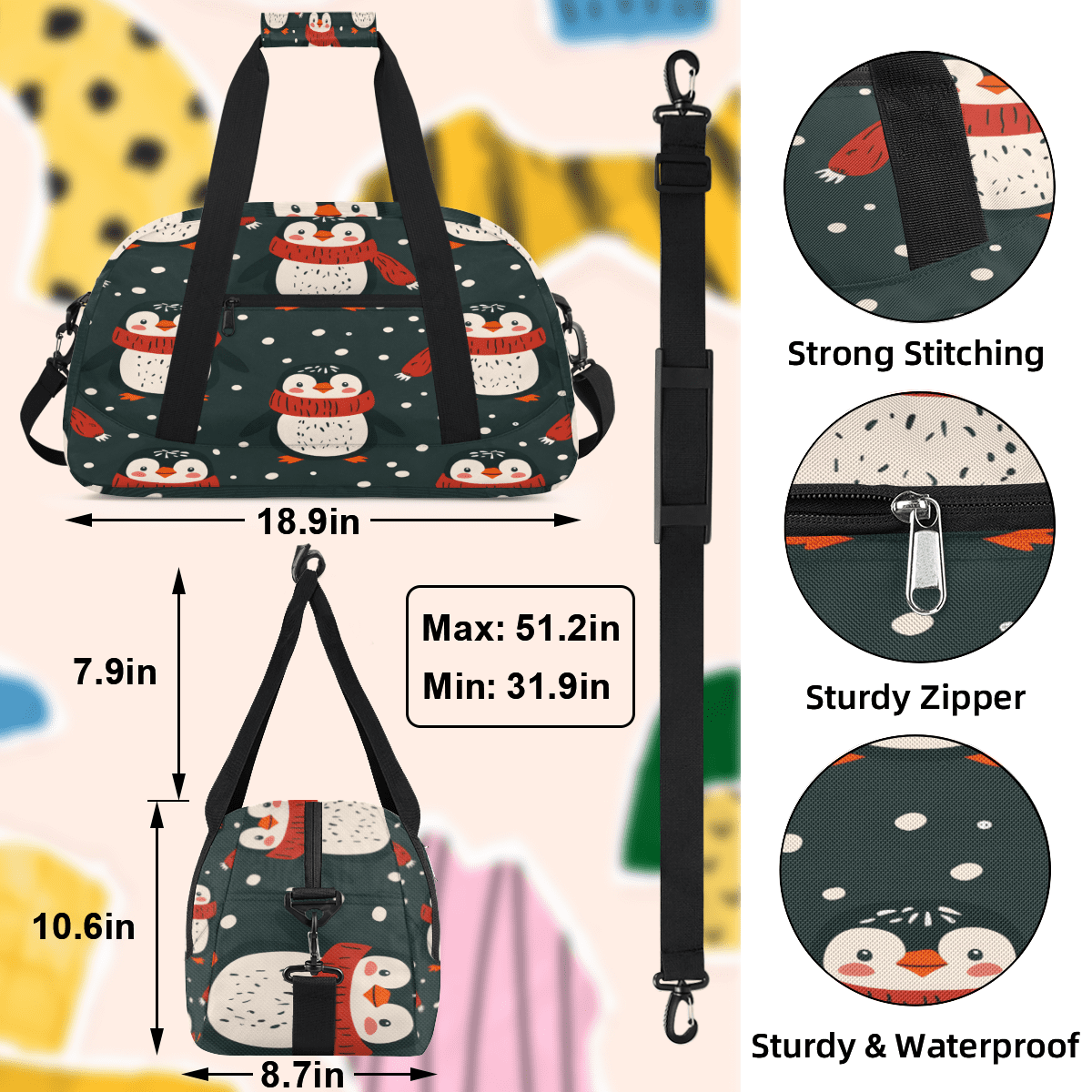Herdesigns Penguin Sports Duffle Bag for Women & Men, Penguin Pattern Gym Bag Dance Bag Overnight Bag Carry On Weekender Travel Bag