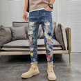 thumbnail image 2 of Pantalones vaqueros ajustados con estampado gráfico para hombre, pantalones vaqueros rasgados con corte entallado, moda coreana, estilo retro, rotos, estilo Harajuku, tallas Xs y XL, 2 of 5