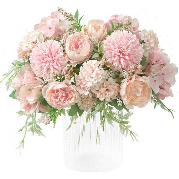 Flores artificiales, ramo de hortensias de seda de peonía falsa, decoración de claveles de plástico, decoración de bodas, centros de mesa, 2 paquetes, color rosa claro Sincero Hogar