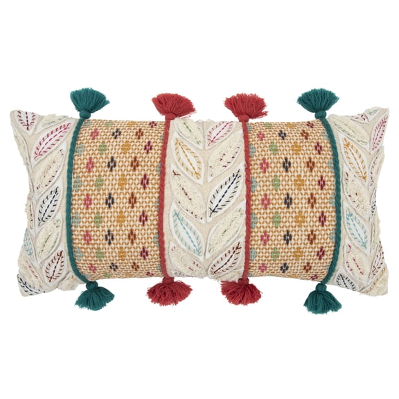 Rizzy Home Leaves and Diamonds 14" x 26" Poly Pillow with Cotton Cover-Multi
