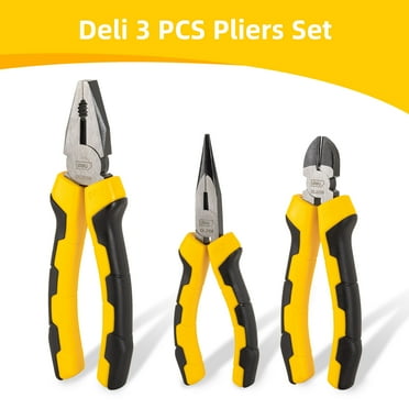 Deli 3 PCS Pliers Set, Heavy-duty Steel German Pliers Tool Set,8" Linesman Pliers, 6" Needle Nose Pliers, 6" Diagonal Cutting Pliers for Basic Repair,Yellow&Black