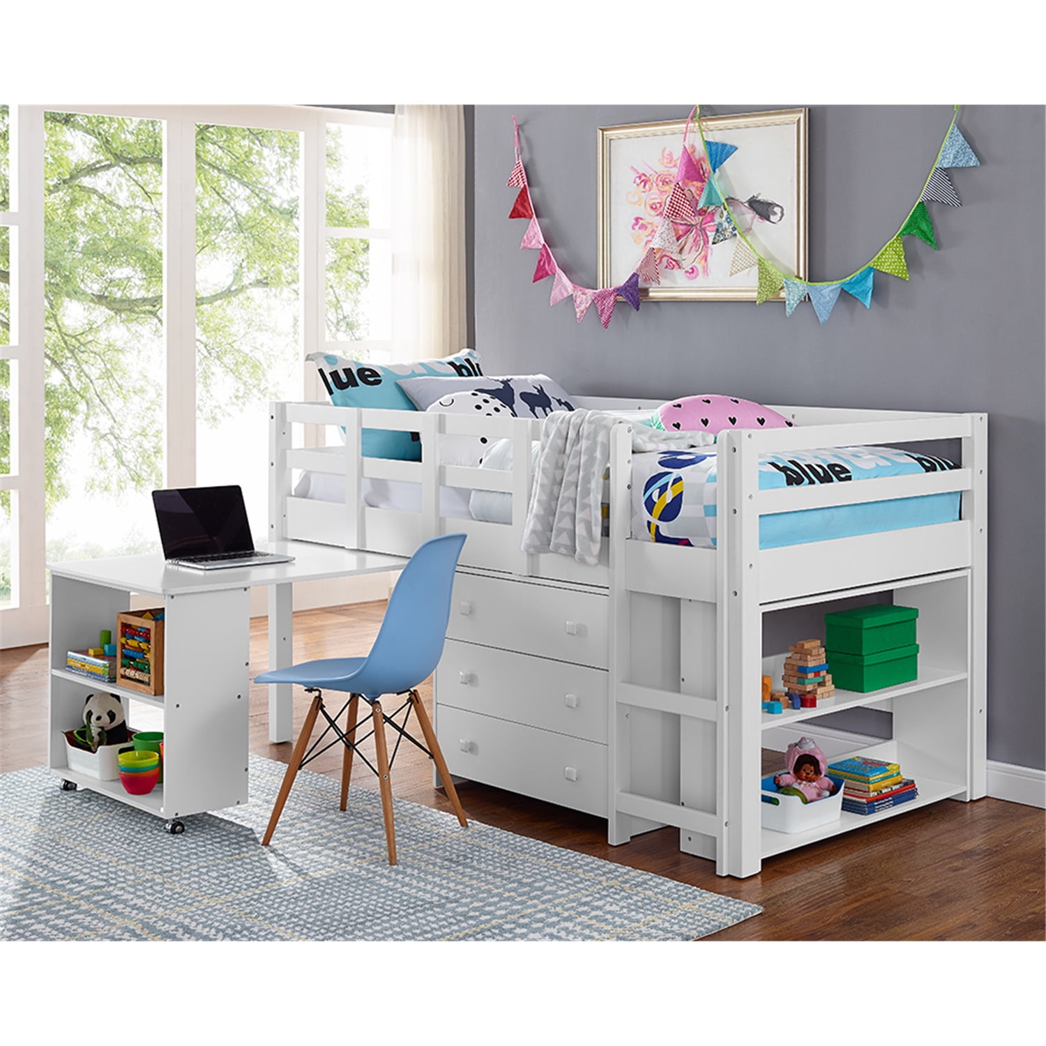 Twin Size Bed with Desk Low Study Kids Loft Bed with Desk and Storage
