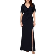 Adrianna Papell V-Neck Embellished Sleeve Slit Front Zipper Back Crepe Dress-MIDNIGHT / 2