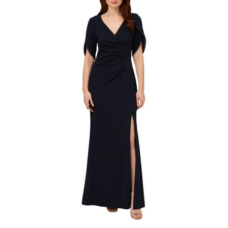 Adrianna Papell V-Neck Embellished Sleeve Slit Front Zipper Back Crepe Dress-MIDNIGHT / 6