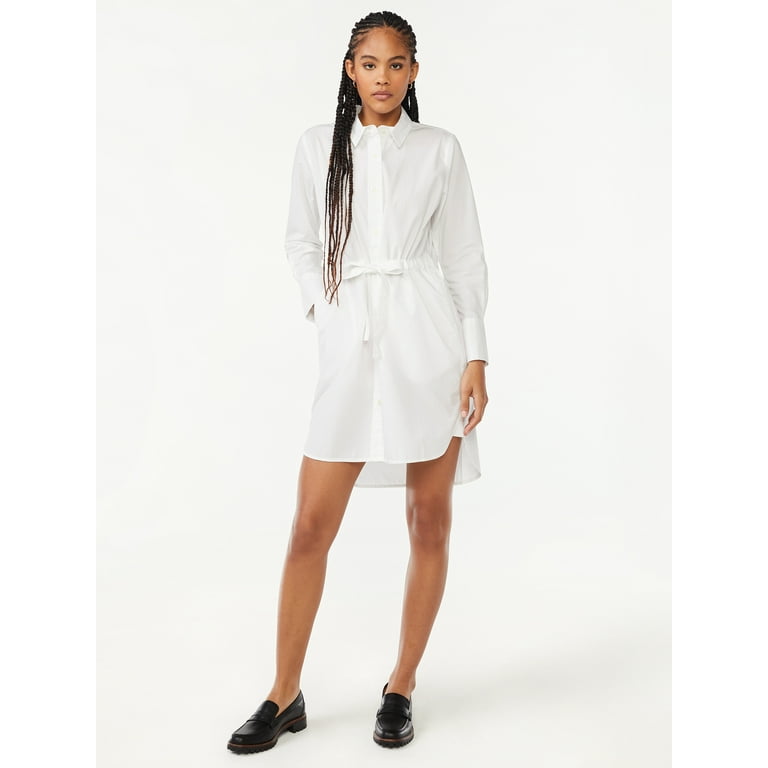 White cinched cheap waist shirt dress