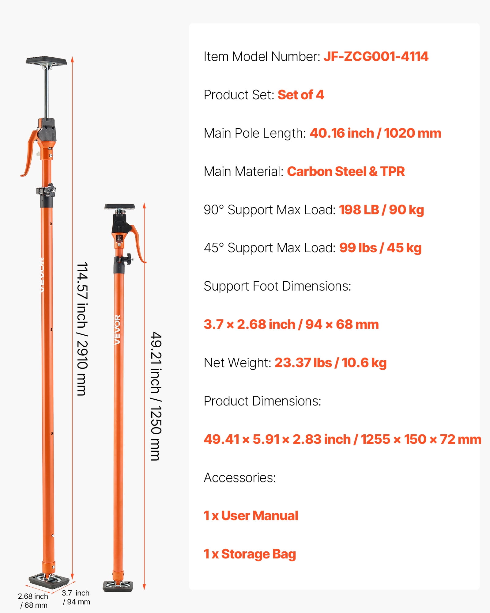 VEVOR Cabinet Jack Support Pole, 4-Pack, 49.2-114.6 Inch Steel Telescopic Quick Support Rod, Adjustable 3rd Hand System up to 198 lbs Capacity for Installing Cabinets, Lifting Drywall, Cargo Bars