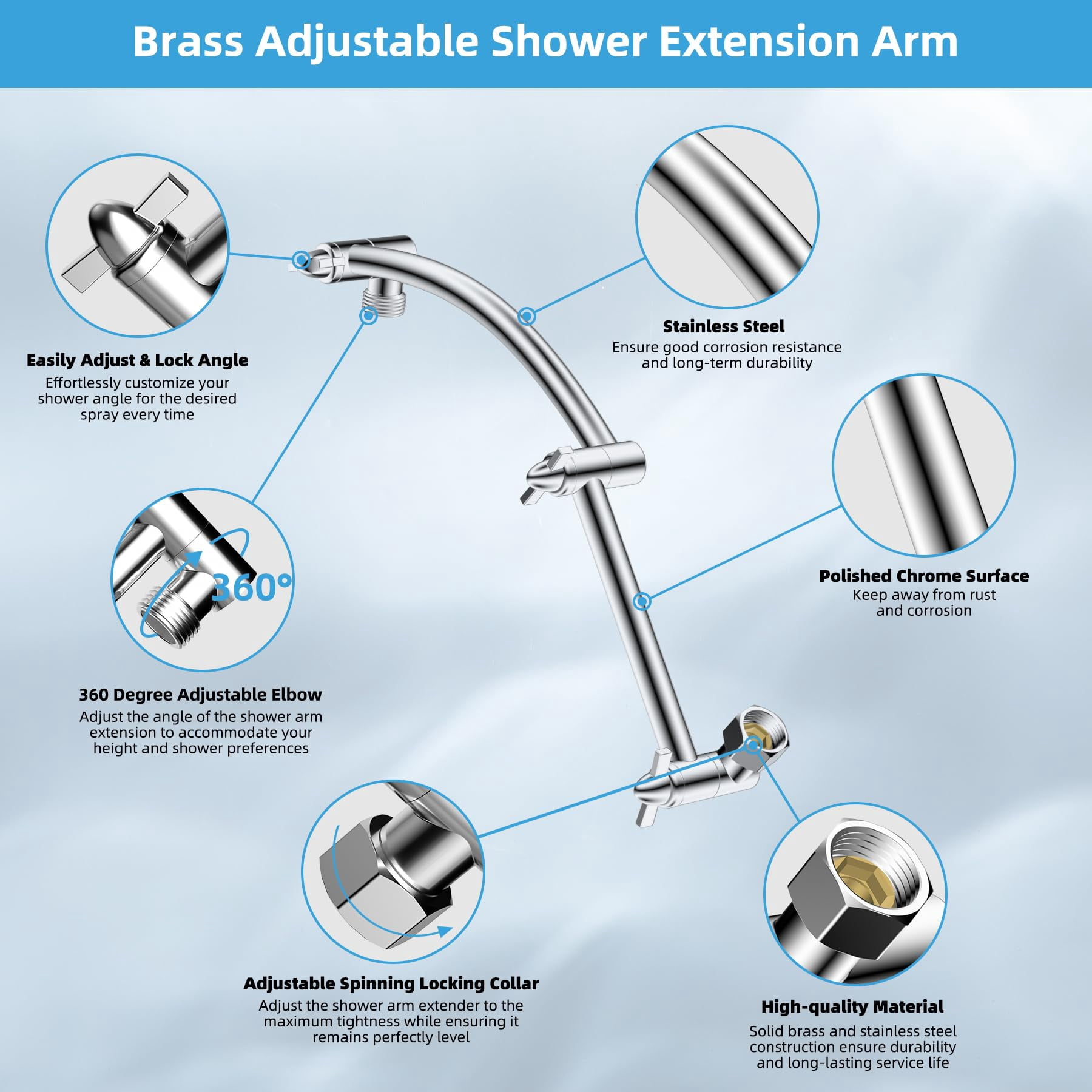 All Metal Rain Shower Head  8'' High Rainfall Square Showerhead With 16" Extension Arm Solid Brass Adjustable Extender Waterfall Fixed Showerheads Chrome