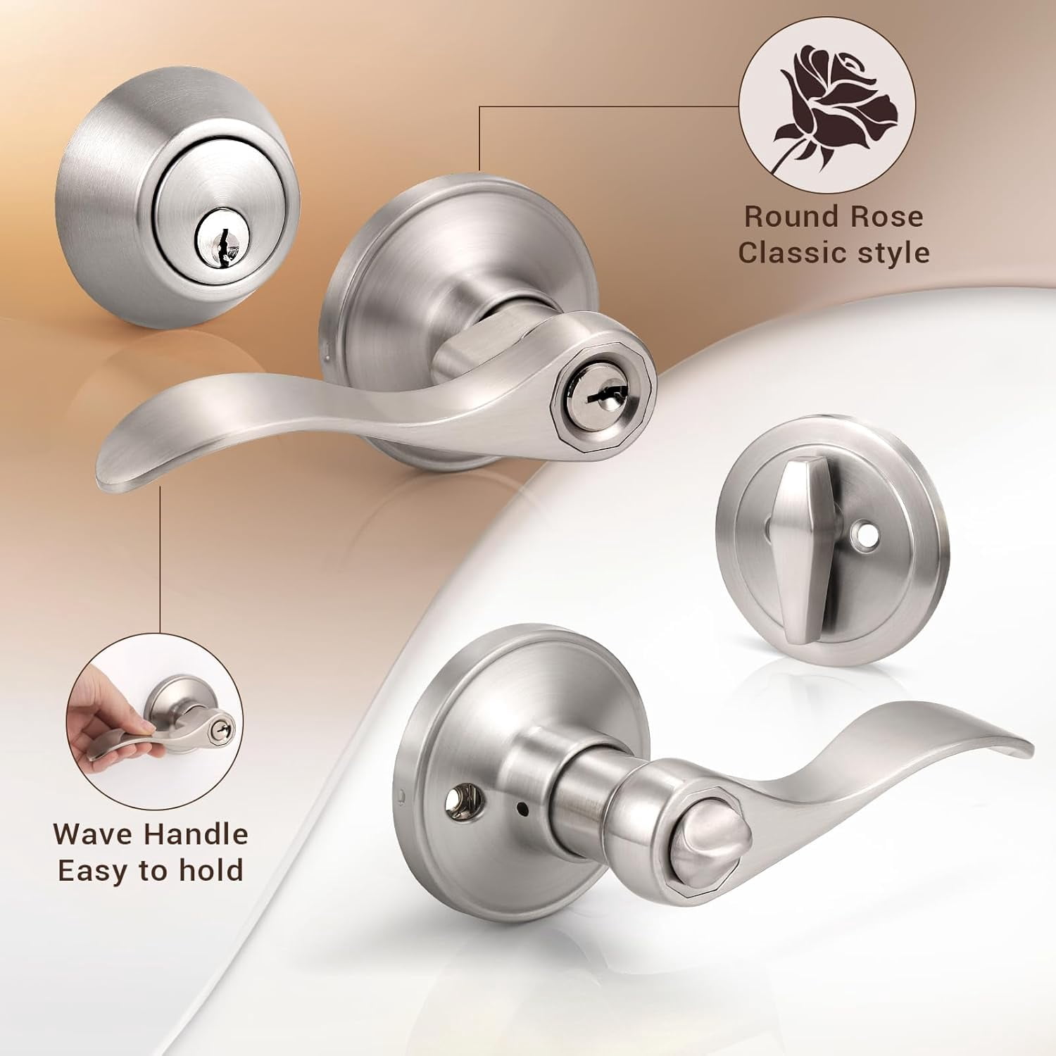 2 Sets of Front Exterior Door Knob Set with Single Cylinder Deadbolts in Satin Nickel Finish, All Keyed Same Combo Pack, Wave Style Entry Door Lever Locks with Combinations