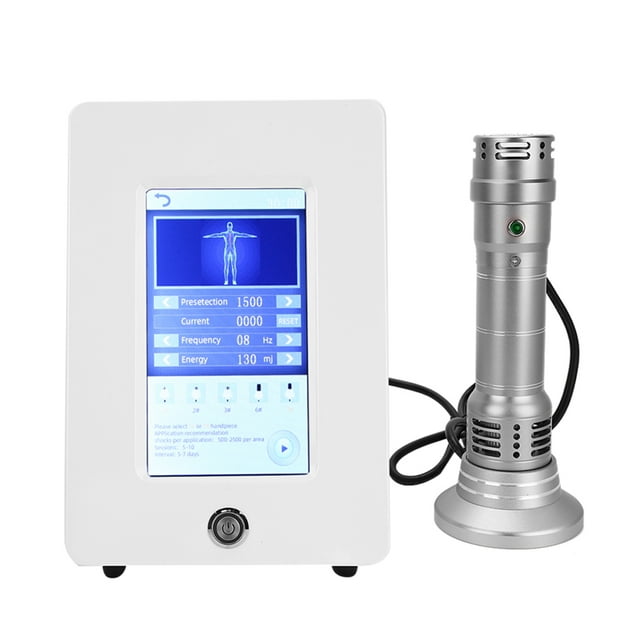 Ed Ed Instrument de Physiothérapie à Ondes de Choc, Base de Poignée, Accessoire de Machine pour Traitements par Ondes de Choc avec Base et Poignée en Métal Argenté. la Base Mesure Environ 10 cm de Diamètre et 4,5 cm de Hauteur, Conçue pour Stabiliser la Poignée Lors des Séances de Thérapie par Ondes de Choc. la Poignée Est Connectée à une Unité de Contrôle Blanche avec un Affichage Numérique Affichant les Réglages de Thérapie comme la Fréquence, les Niveaux d'Énergie et les options de Présélection. Idéal pour les applications de Physiothérapie