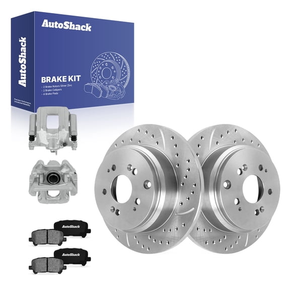 AutoShack Rear Solid Drilled & Slotted Silver Zinc Coated Brake Rotors   Ceramic Pads   Calipers 8-PC Brake Kit Replacement for 2009-2015 Honda Pilot SilverShield Pro 13.13" (333.5 mm)