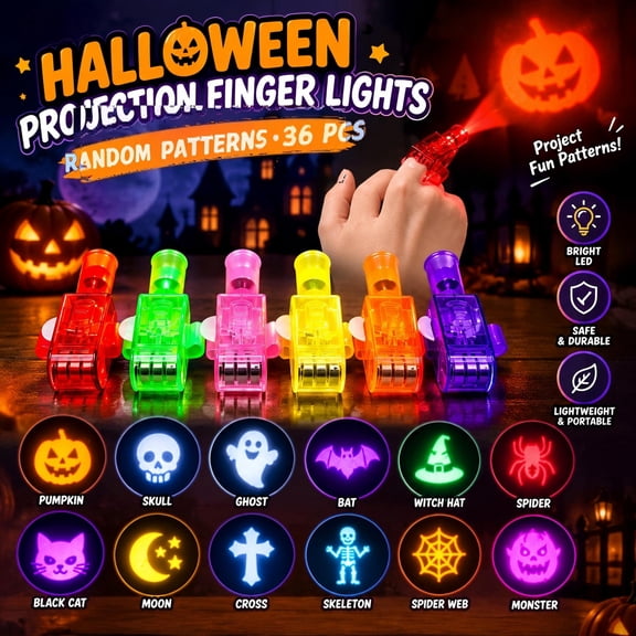 36PCS Halloween Finger Projector Lights, Spooky Pattern Finger Lights for Halloween Parties, Trick or Treat Favors, Glow Finger Projection Party Supplies