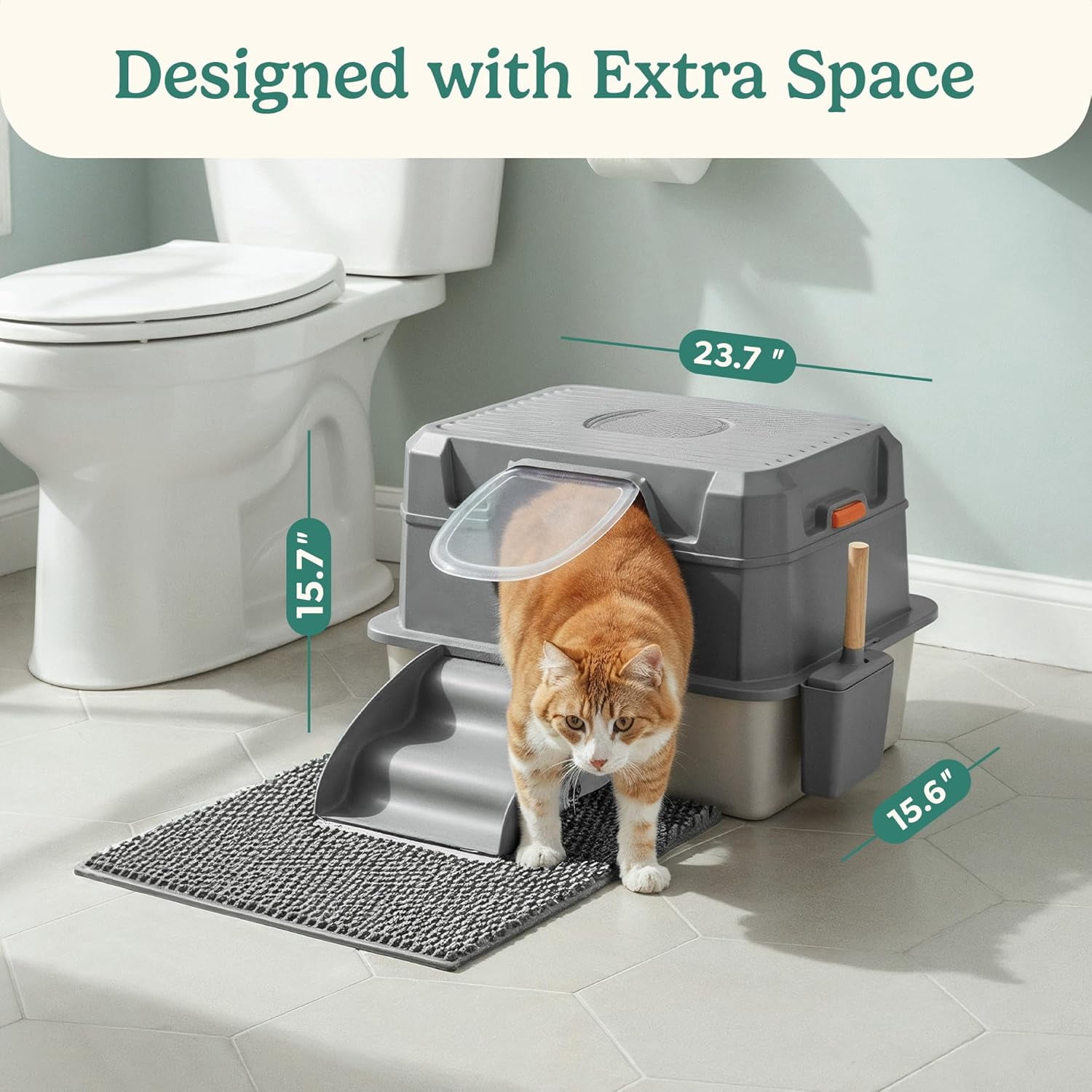 Petcove Stainless Steel Cat Litter Box XL with Lid – 3-in-1 Extra Large Covered Metal Cat Litter Box with High Wall Design & Carbon Filter – Gray