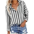 thumbnail image 3 of Qulqfy Women's Button Down Shirts Short Sleeve Black Cotton Linen Shirts Lapel Striped Women Summer Blouses L, 3 of 6