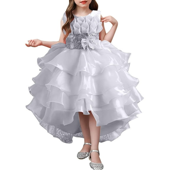 TBWNWG Girls Solid Color Irregular Mesh Lace Knee Length Trailing Wedding Puffy Dress for,Sizes 9-10 Years