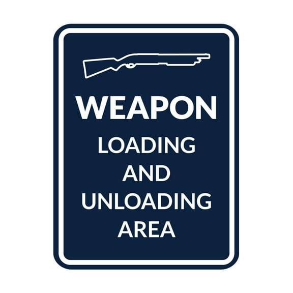 Signs ByLITA Portrait Round Weapon Loading And Unloading Area Door or Wall Sign | Gun Range Safety Warning Sign (Navy Blue / White) - Large