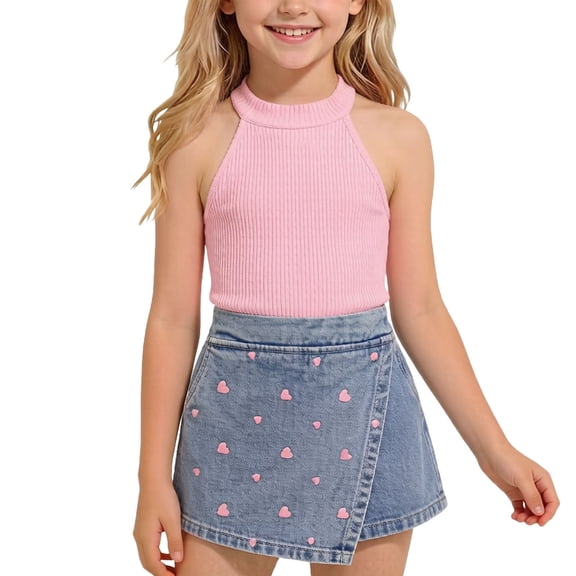 Amidoa Girls 2 Piece Outfits Summer Clothes Tank Top Floral Print Sleeveless Solid Color Cute T-Shirt and Casual Shorts Kids Clothing Sets Pink Size 7