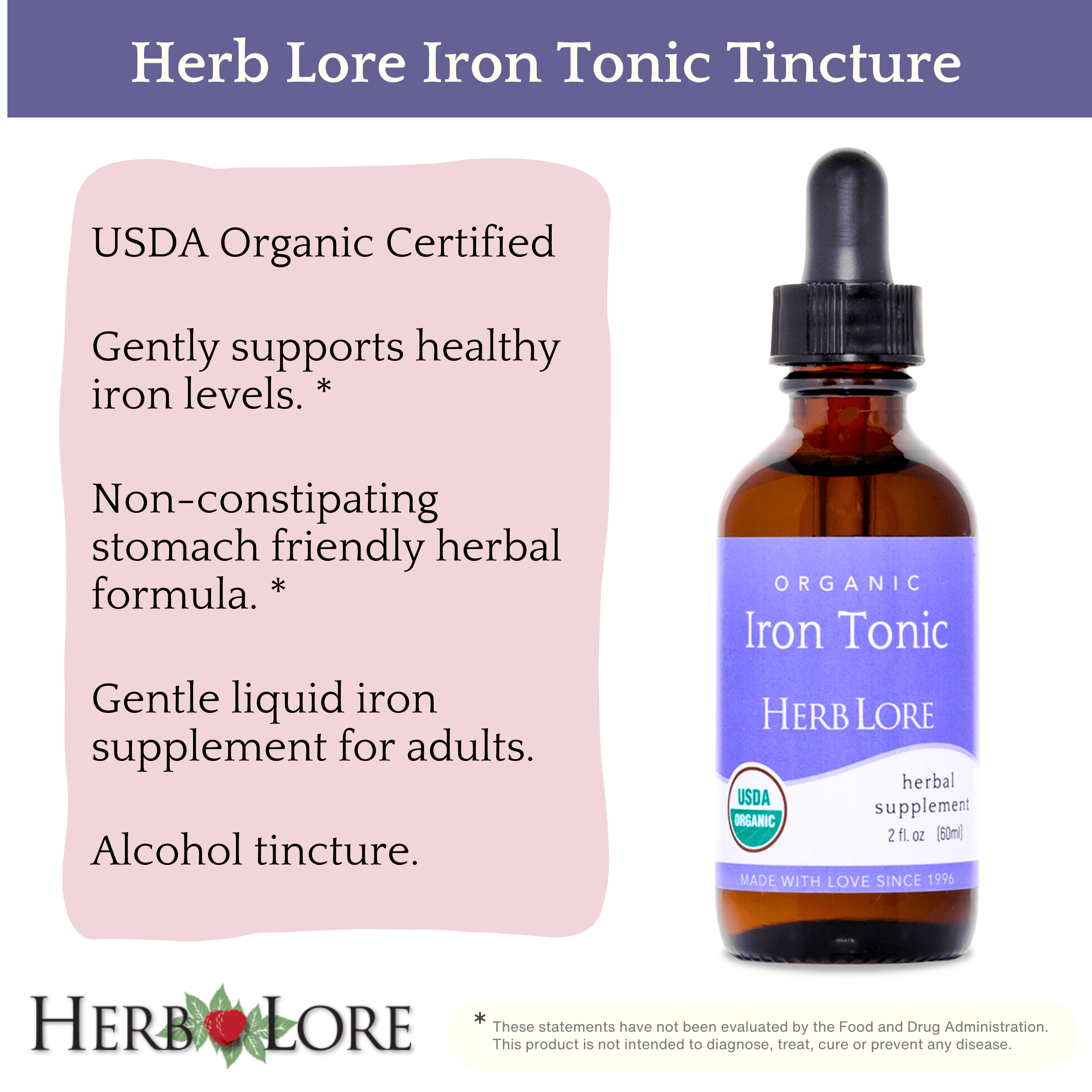 Herb Lore Organic Iron Tonic Tincture – Liquid Iron Drops for Women and Men – Non Constipating, Easy on Stomach, Plant Based, Vegan & Alcohol Based (2 fl oz)