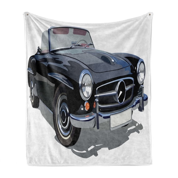 Cars Soft Flannel Fleece Throw Blanket, Classical Retro Vehicle Antique Convertible Prestige Old Fashion Revival, Cozy Plush for Indoor and Outdoor Use, 50" x 60", Black Pale Grey White, by Ambesonne