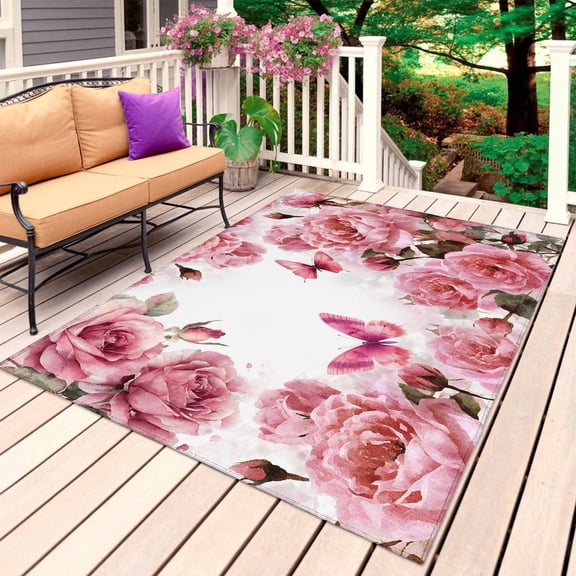 Pink Roses Outdoor Rug 4x6 Ft, Non Slip Washable Area Rug, Spring Floral Elegant Pastoral Butterfly Patio Rugs Carpet Runner, Large Floor Mat for Indoor/Outdoor Deck Porch Camping