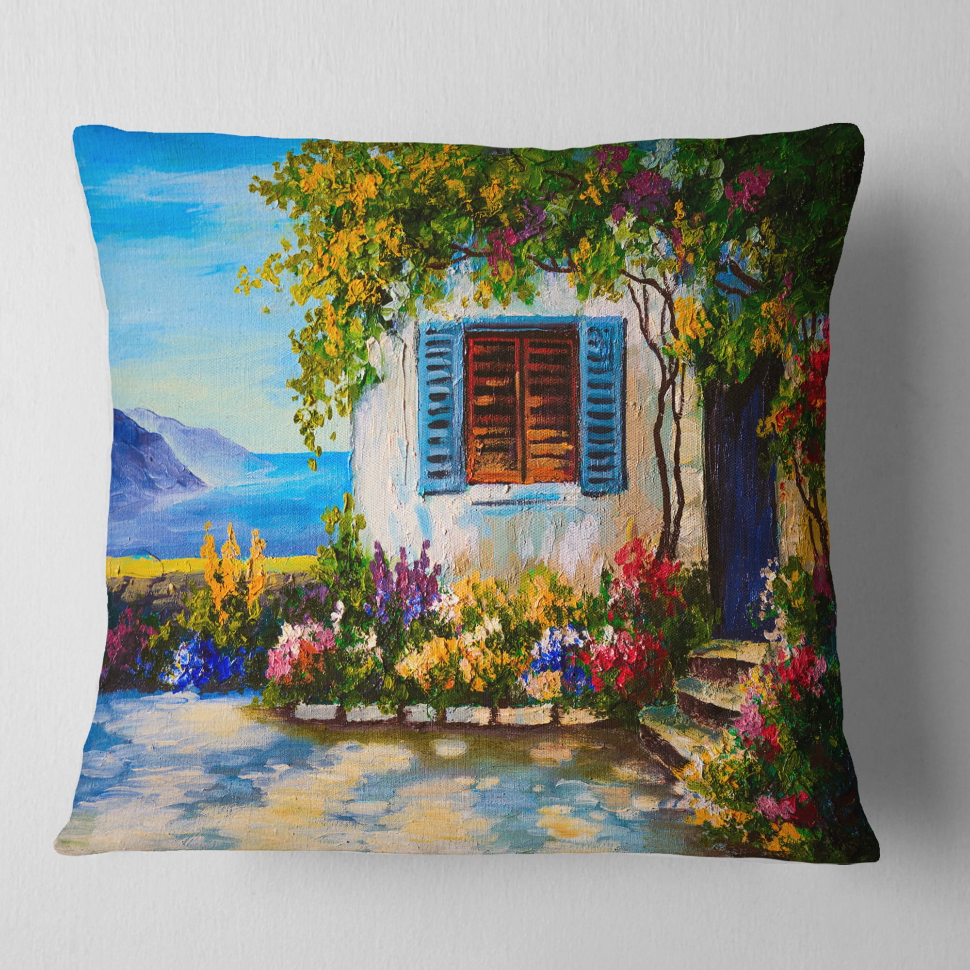 Designart House Near Sea Oil Painting - Landscape Painting Throw Pillow - 18x18