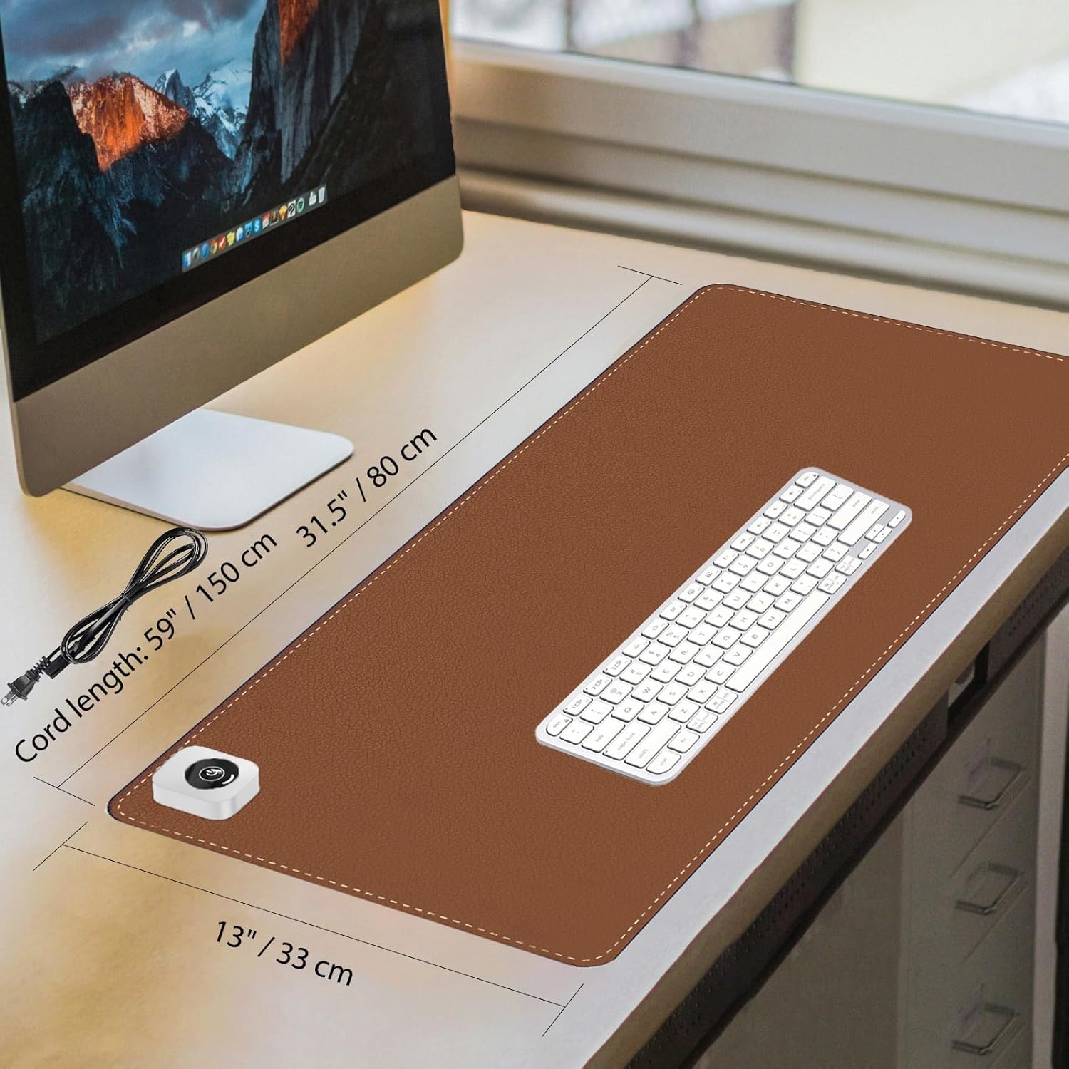 Heated Desk Pad Mouse Pad - Heated Desk Mat - Warm Desk Pad - 3 Levels Heating & 4 Hours Auto Shut-Off, PU Leather Mouse Pad - 31.5 x 13 inch (Brown)
