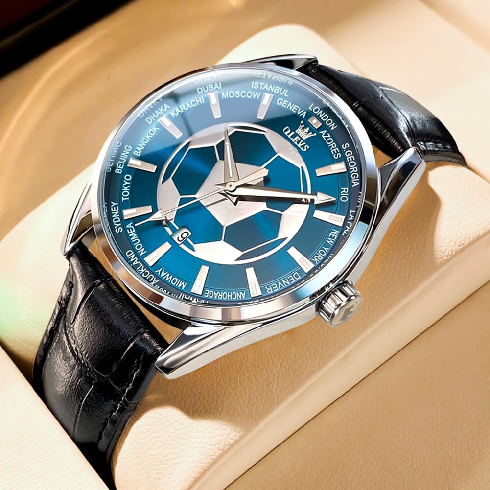 OLEVS Men's Watches Top Brand Quartz Watch for Men Waterproof Stainless  Steel Wristwatch All Gold Blue Soccer Dial