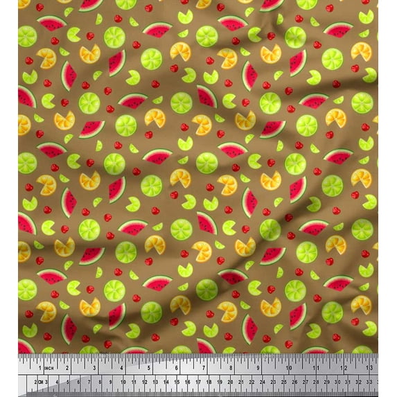Soimoi Cotton Cambric Fabric Lemon Slice,Cherry & Watermelon Fruits Printed Fabric 1 Yard 56 Inch Wide