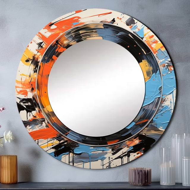 Designart "Fusion of Sounds The Vinyl Experience" Music Rund Mirror For Wall Decor - Large Yellow Round Printed Mirror - Pop Art Round Mirror 23" x 23" Inch