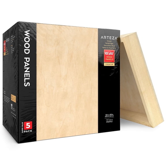 Arteza Wood Art Panels Art Supply Pack, 10"x10" - 5 Pack