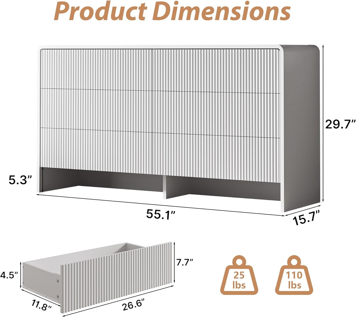 FURNIWAY White Curved 6 Drawer Dresser Push to Open Modern Curved Storage for Bedroom Living Room Closet