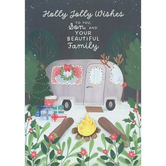 Designer Greetings Holly Jolly Wishes: Die Cut 3D Camper and Campfire in Forest Clearing Hand Decorated Christmas Card for Son and Family